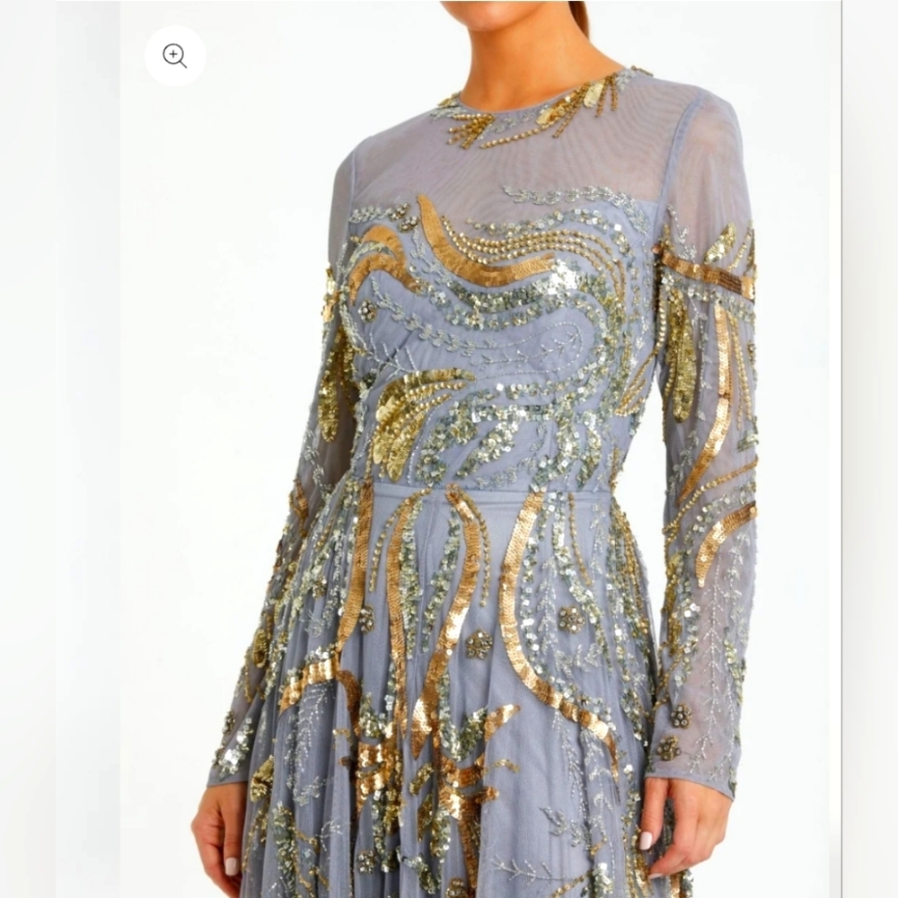 Blue and Gold Long Sleeve Embellished Illusion Evening Gown.